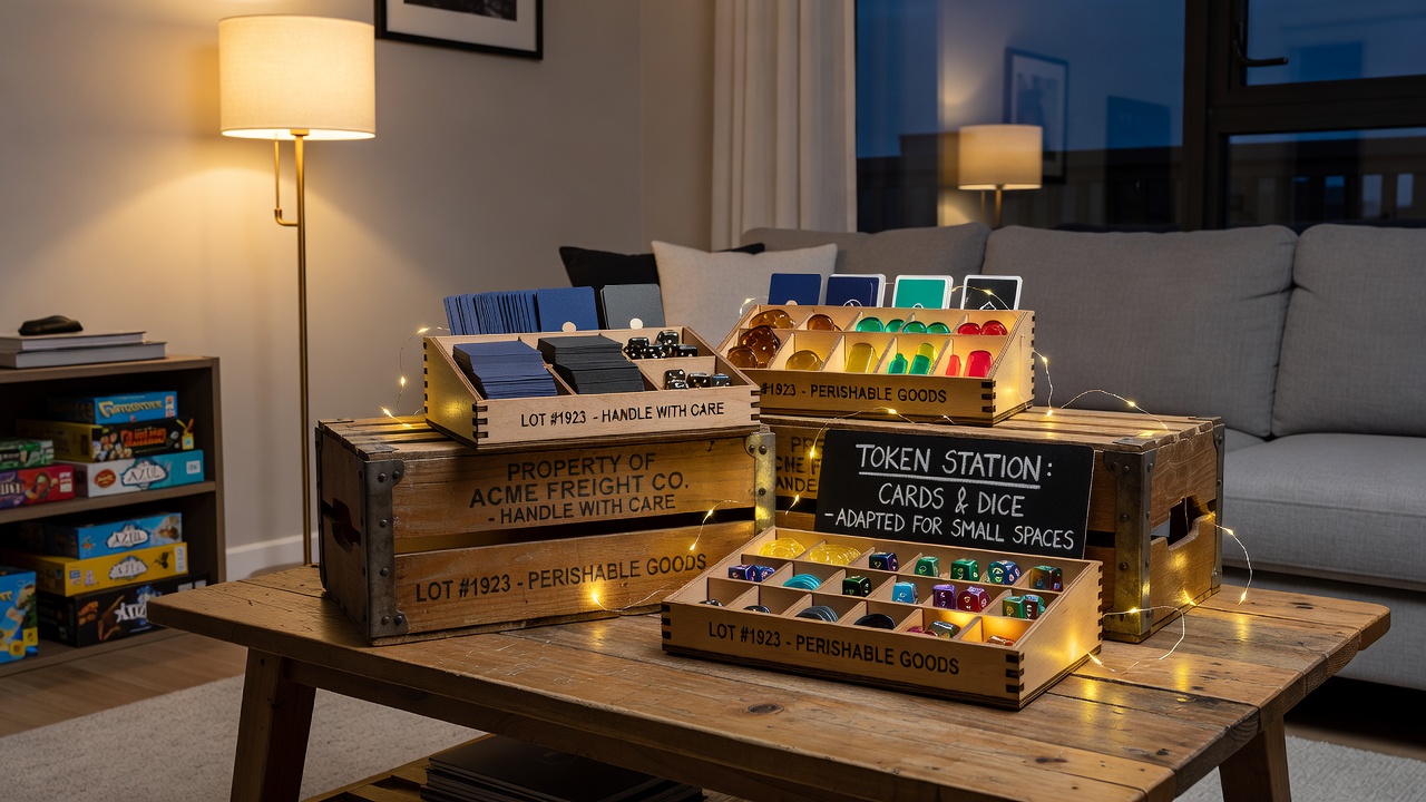 Old wooden crates repurposed as organized token stations with compartments for cards and dice in a small residential space