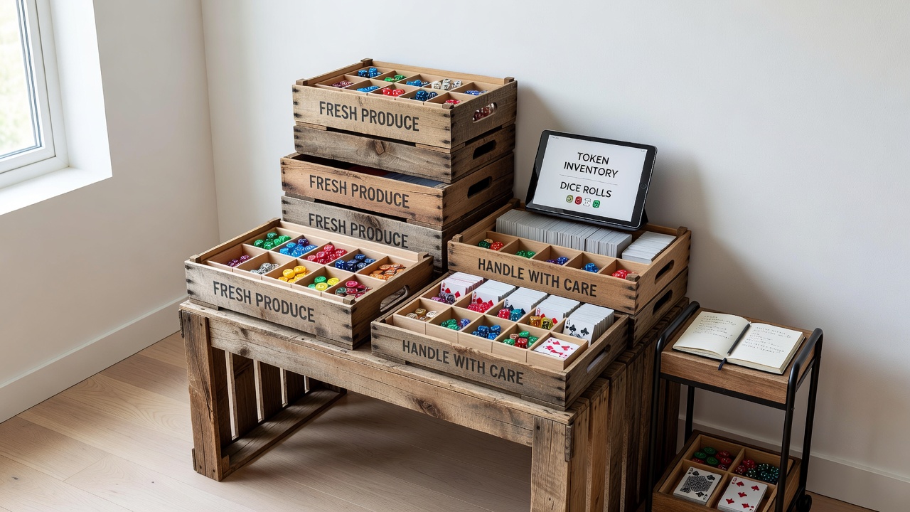 Close-up view of crate-based token station with dice and card compartments arranged for efficient small-space gaming
