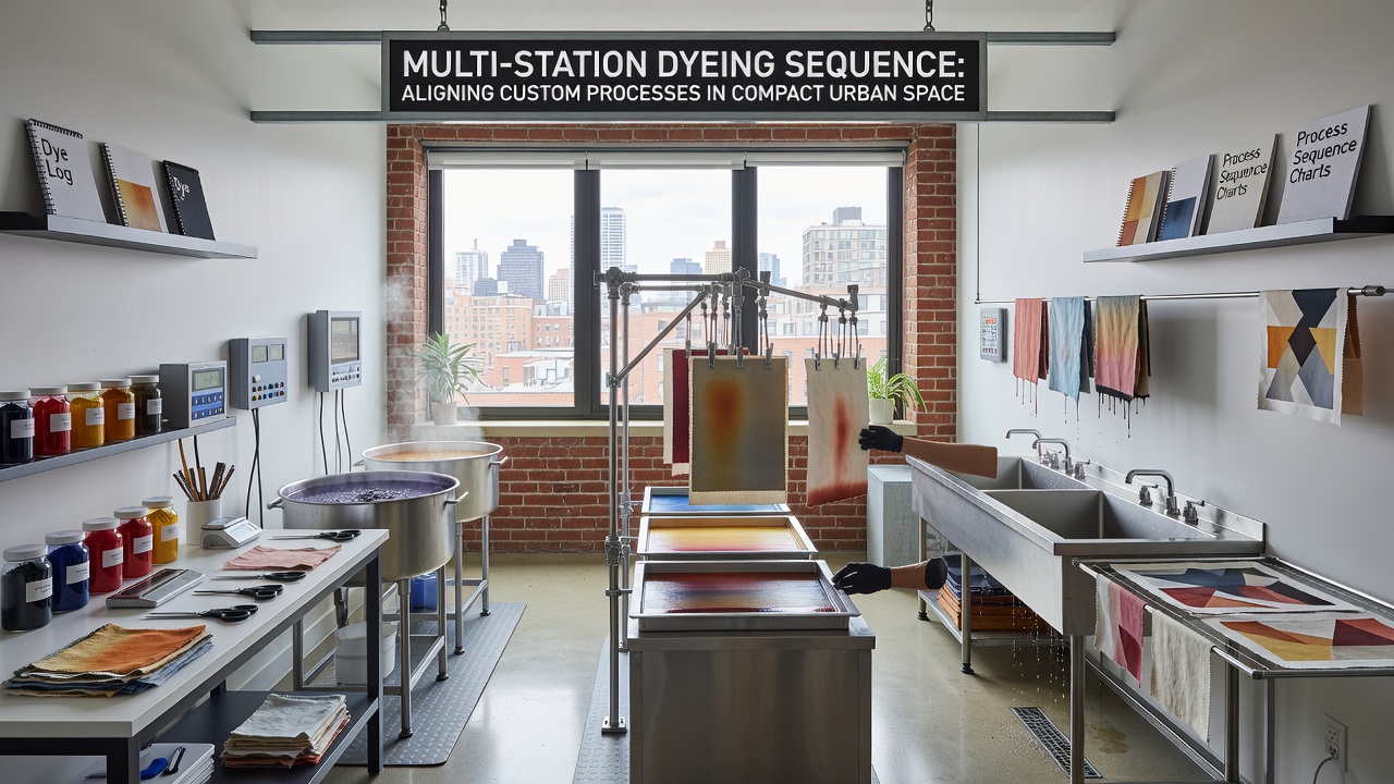 Detailed view of aligned dyeing stations showing preparation, application, and curing areas in a small apartment