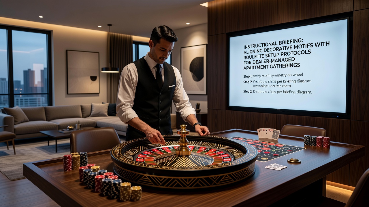 Decorative roulette wheel setup in a small apartment with matching vintage motifs and dealer briefing materials