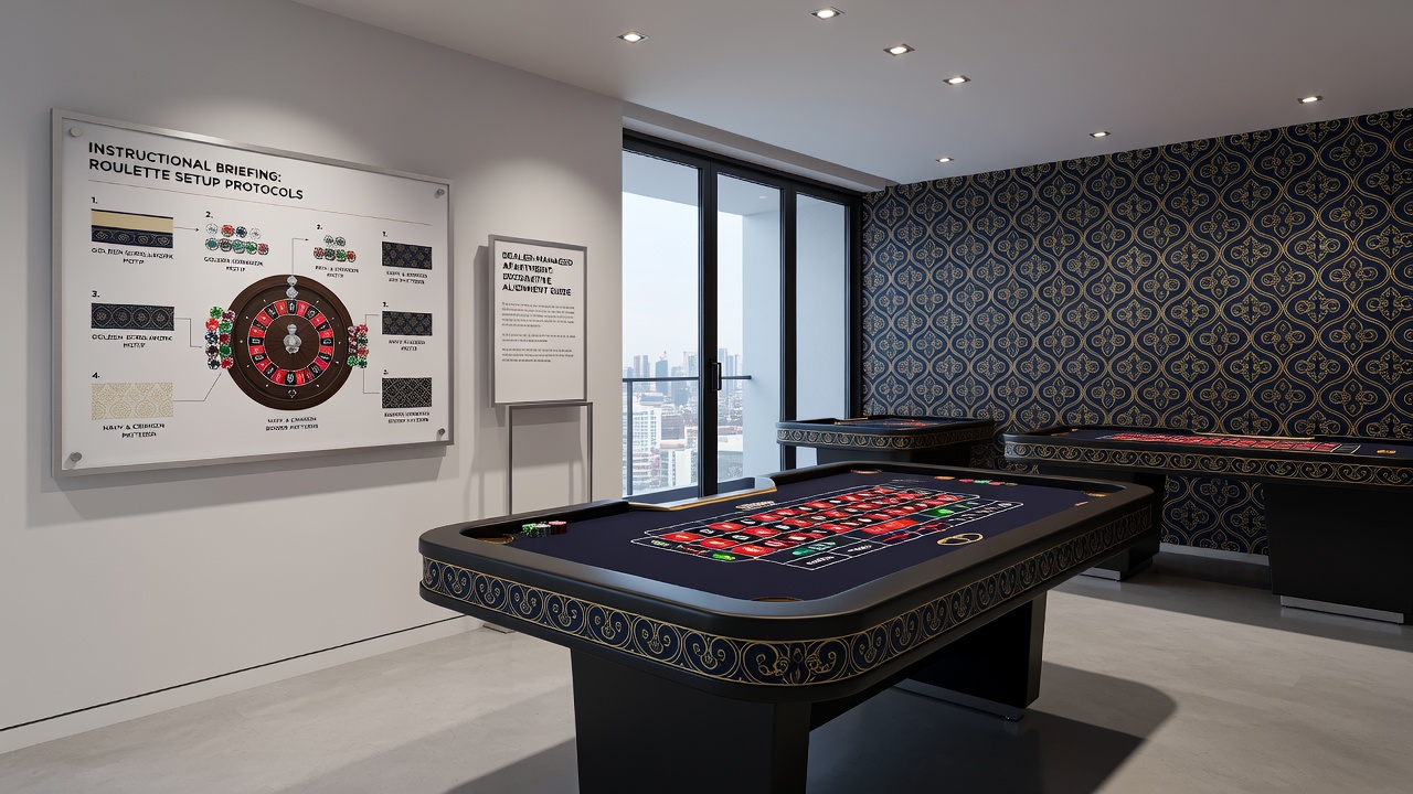 Close-up of coordinated roulette table with instructional cards matching decorative motifs in an apartment setting