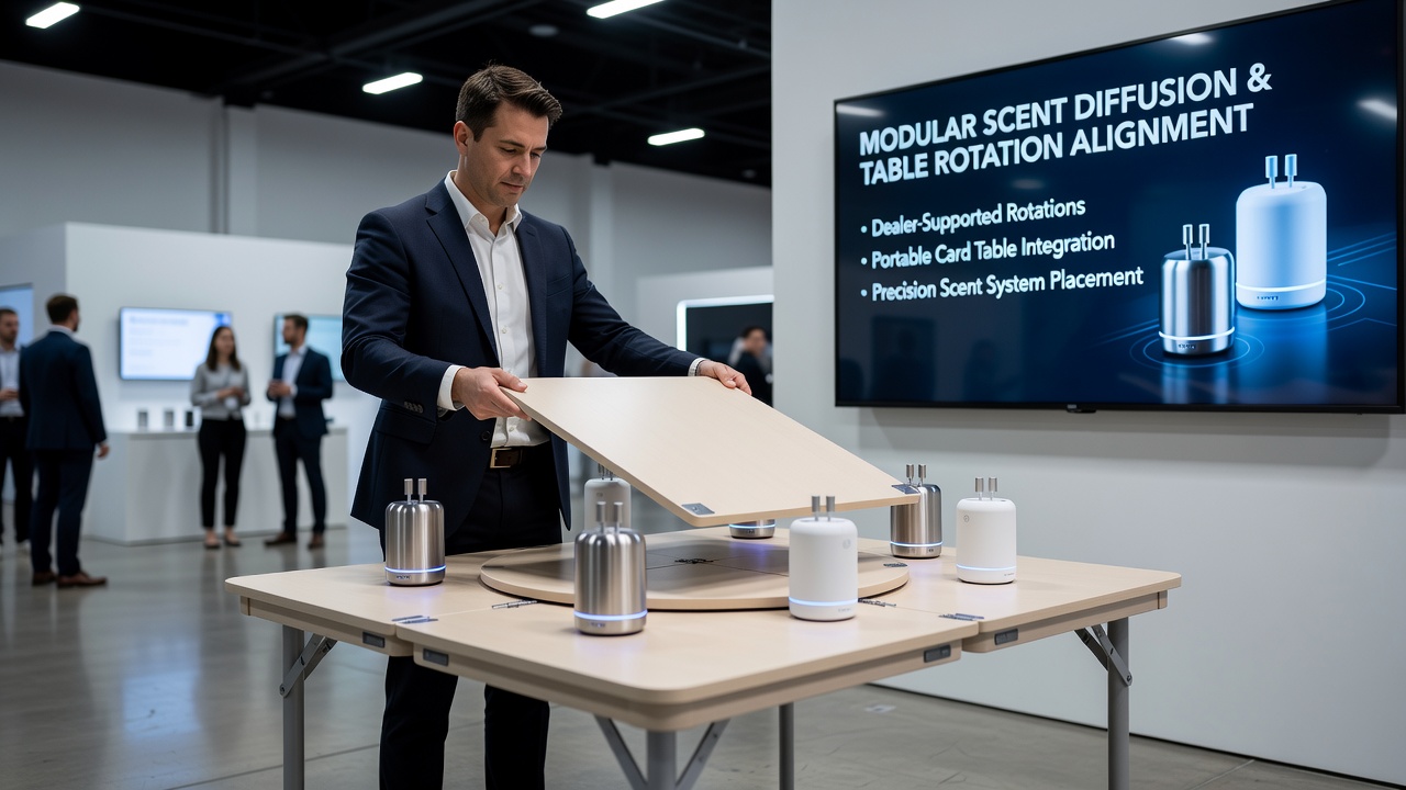 Overhead view of synchronized scent units and rotating card tables during a dealer-supported gathering in a small urban venue