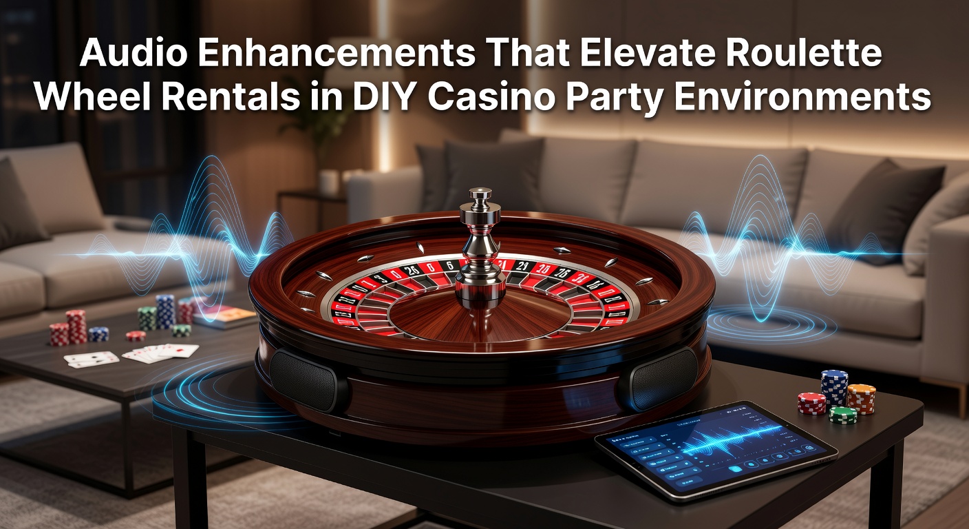 Roulette wheel rental setup with integrated audio system at a DIY casino party showing speakers and sound controls positioned near the table
