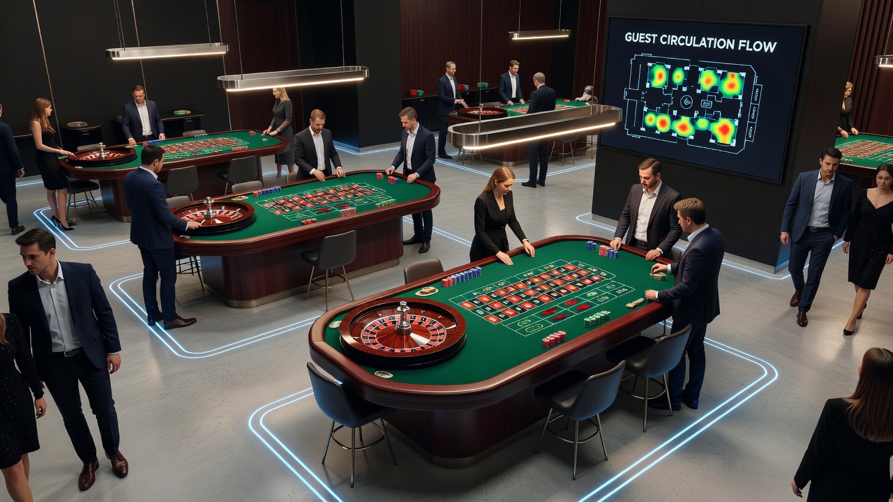 Overhead view of a roulette setup with marked circulation paths in a constrained venue
