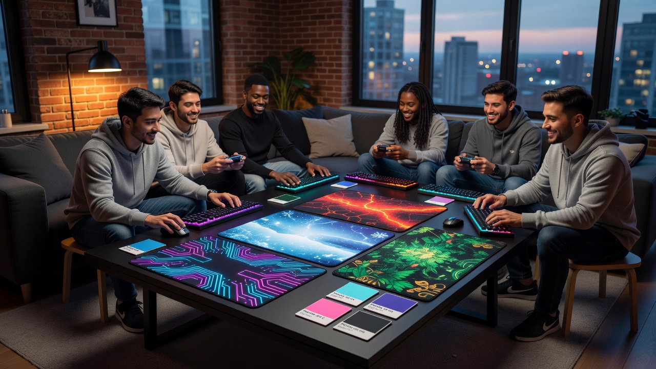 Urban apartment living room with custom gaming mats featuring coordinated color schemes for board game setups
