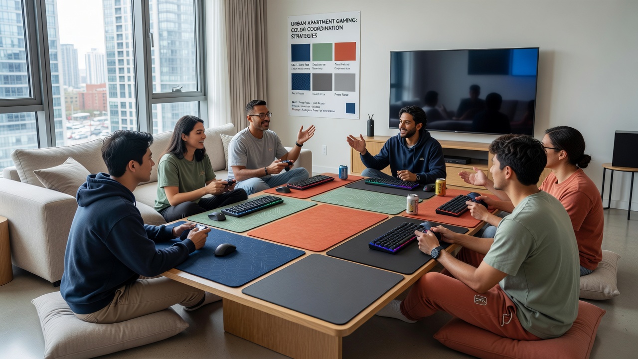 Close-up of custom gaming mats with coordinated color palettes laid out on a small apartment table during a gathering