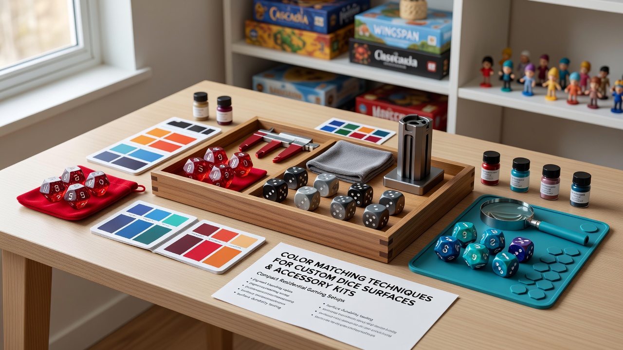 Custom dice with precisely matched color surfaces arranged alongside accessory kits on a compact gaming table in a residential space