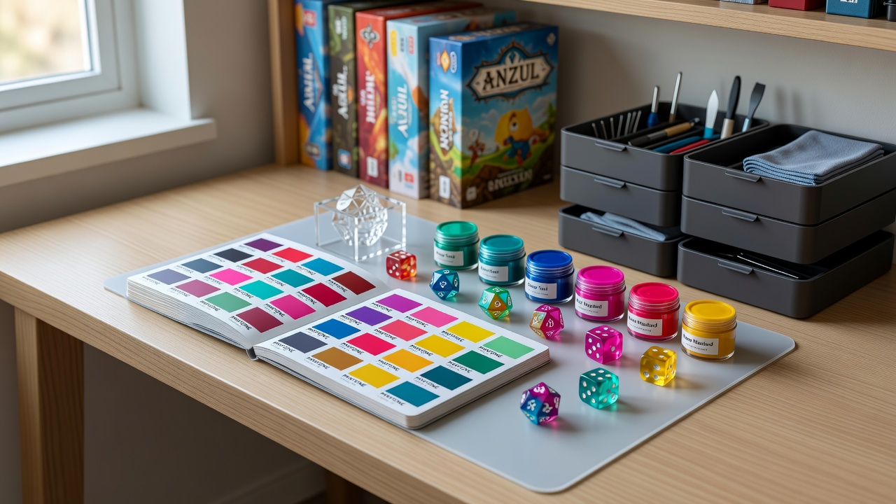 Close-up of color-matched dice surfaces next to modular accessory pieces laid out for assembly in a small home gaming area