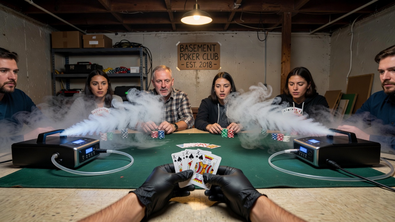 Portable fog machine positioned beside a poker table in a compact basement setup with cards mid-reveal