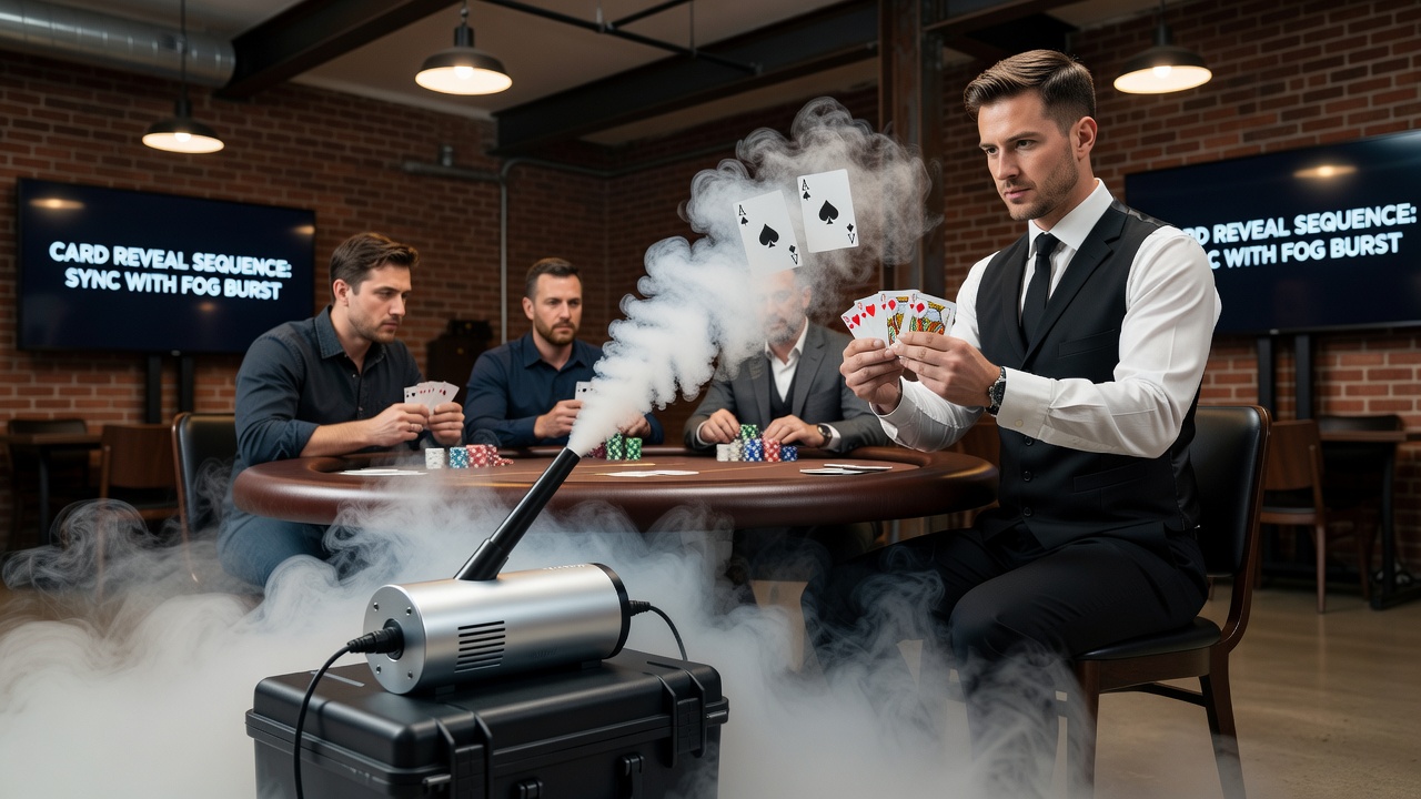 Close-up of fog machine nozzle aligned with poker table edge during a card reveal moment