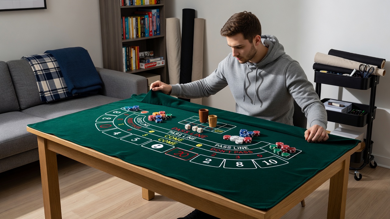 Modular fabric sections and storage solutions for craps builds demonstrated in a small apartment environment