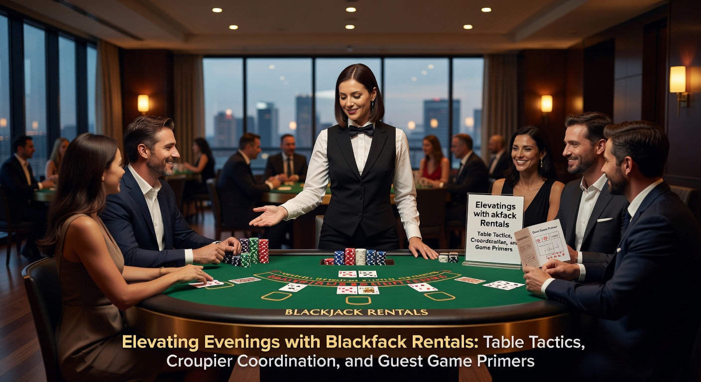Elegant blackjack table illuminated under soft event lighting, surrounded by engaged players