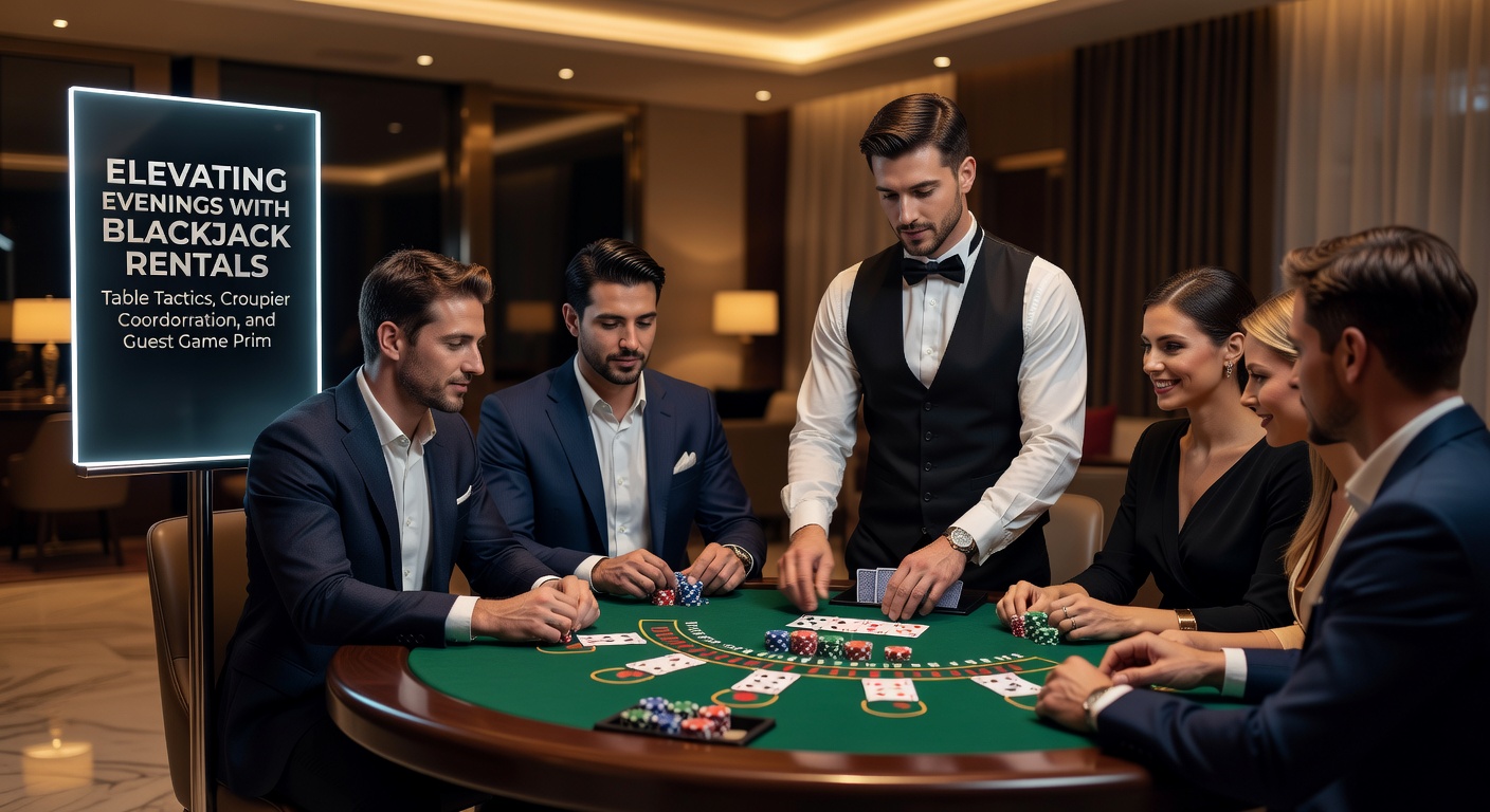 Professional croupier demonstrating blackjack hand signals at a rental event table