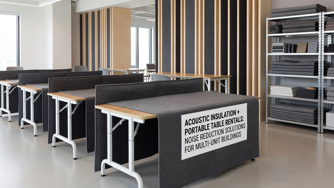 Portable folding tables set up in an apartment living room with acoustic mats underneath and wall panels visible for sound control during a residential event