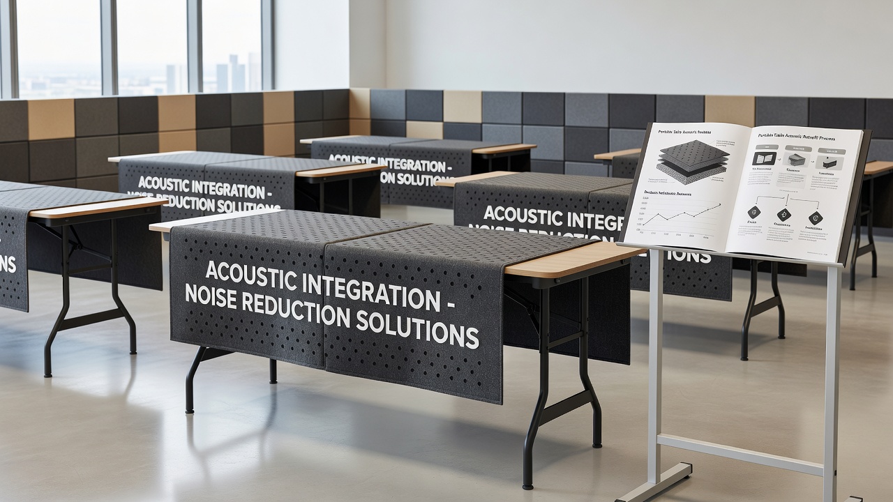 Close-up of acoustic insulation mats and barriers installed under rented portable tables in a multi-unit residential setting with shared walls