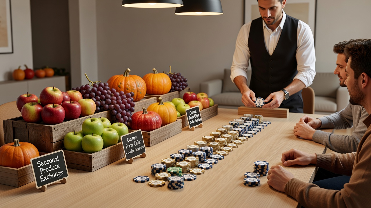 Seasonal produce display integrated with poker chip exchange station at a home casino gathering