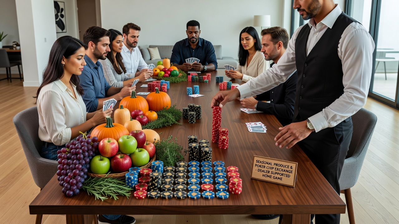Custom poker chips exchanged near a seasonal produce display during a dealer-led home event