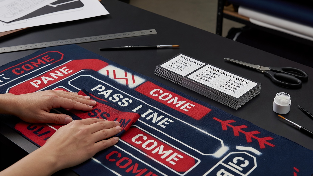 On-site facilitator demonstrating craps layout adjustments using stenciled overlays and reference cards during an apartment rental event