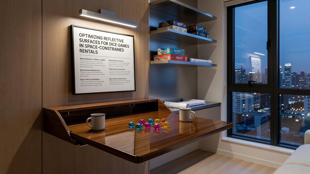 Side view of modular dice station showing reflective surface edge with embedded rule display and compact storage configuration
