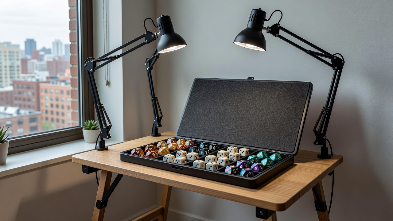 Custom LED lighting paired with a foldable dice surface in a compact urban apartment setting
