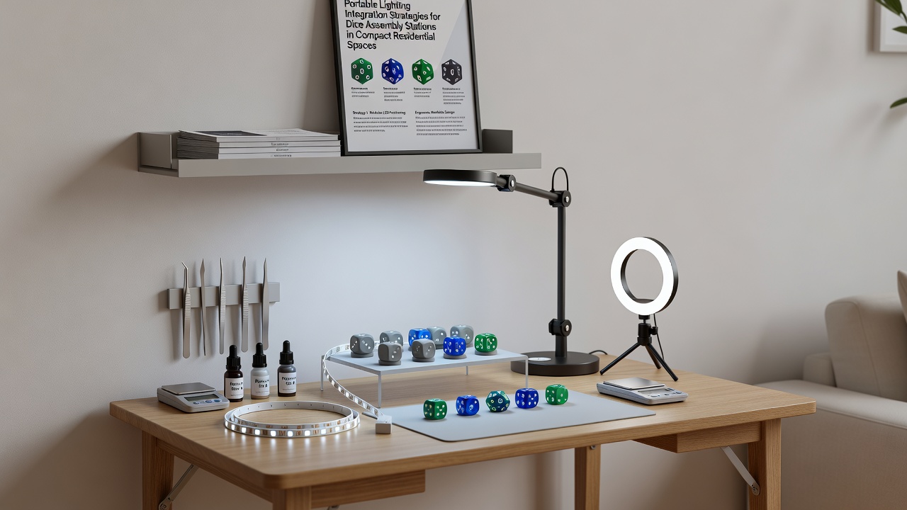 Close-up view of a portable lighting array with magnetic mounts and USB-powered LED strips arranged around a suitcase-converted dice assembly station in a tight residential corner