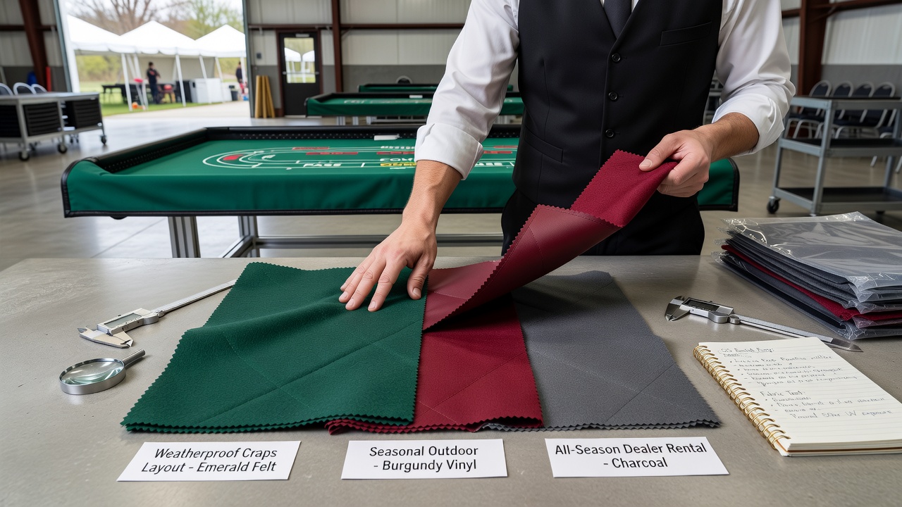 Outdoor craps table setup with weatherproof fabric layout in a seasonal rental event