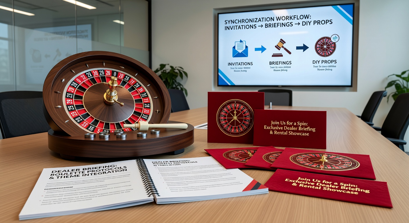 Roulette table setup with coordinated invitation theme elements and dealer briefing notes at a rental event