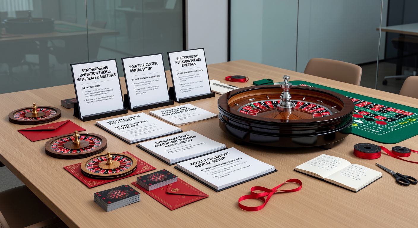 Close-up of DIY roulette props including custom plaques and themed signage integrated with rental table