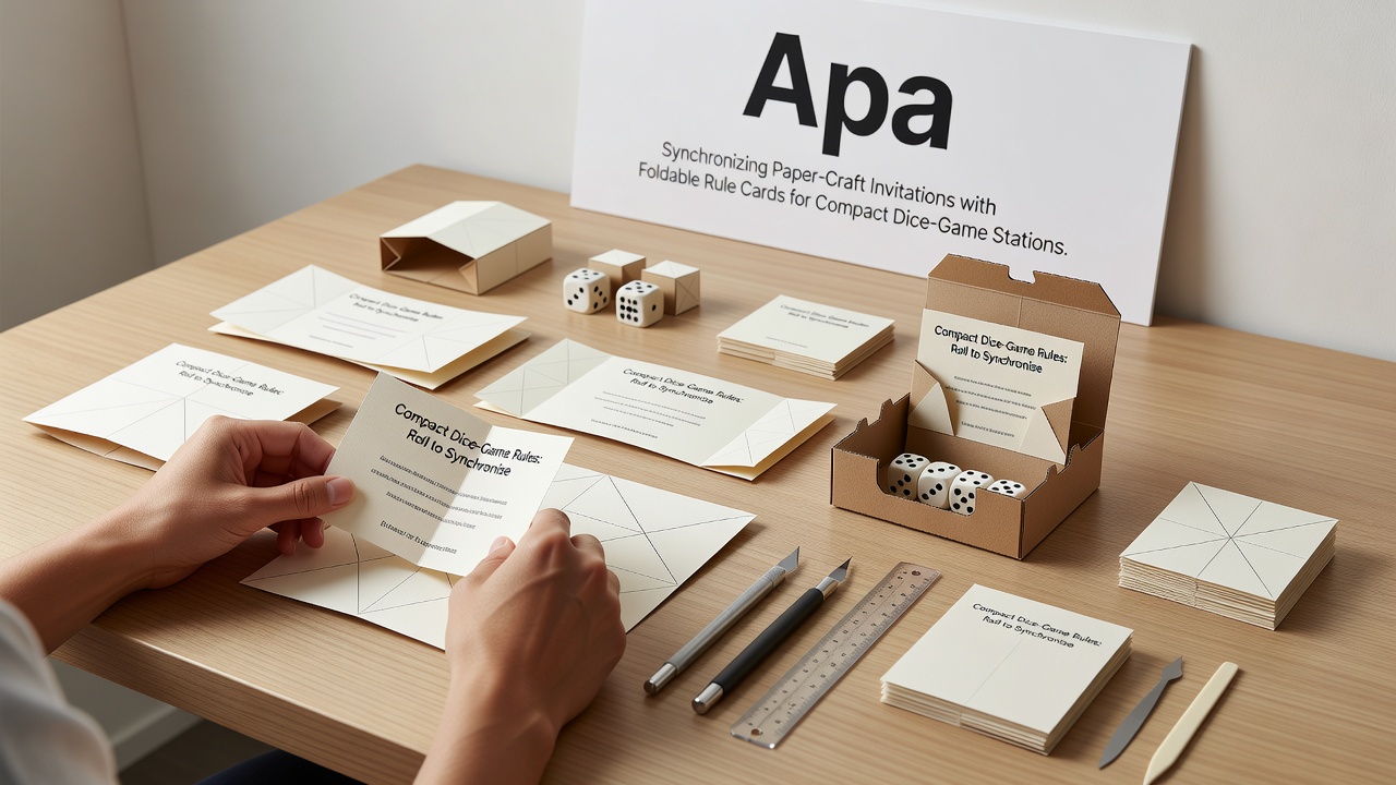 Foldable rule cards positioned beside compact dice game stations inside a small apartment