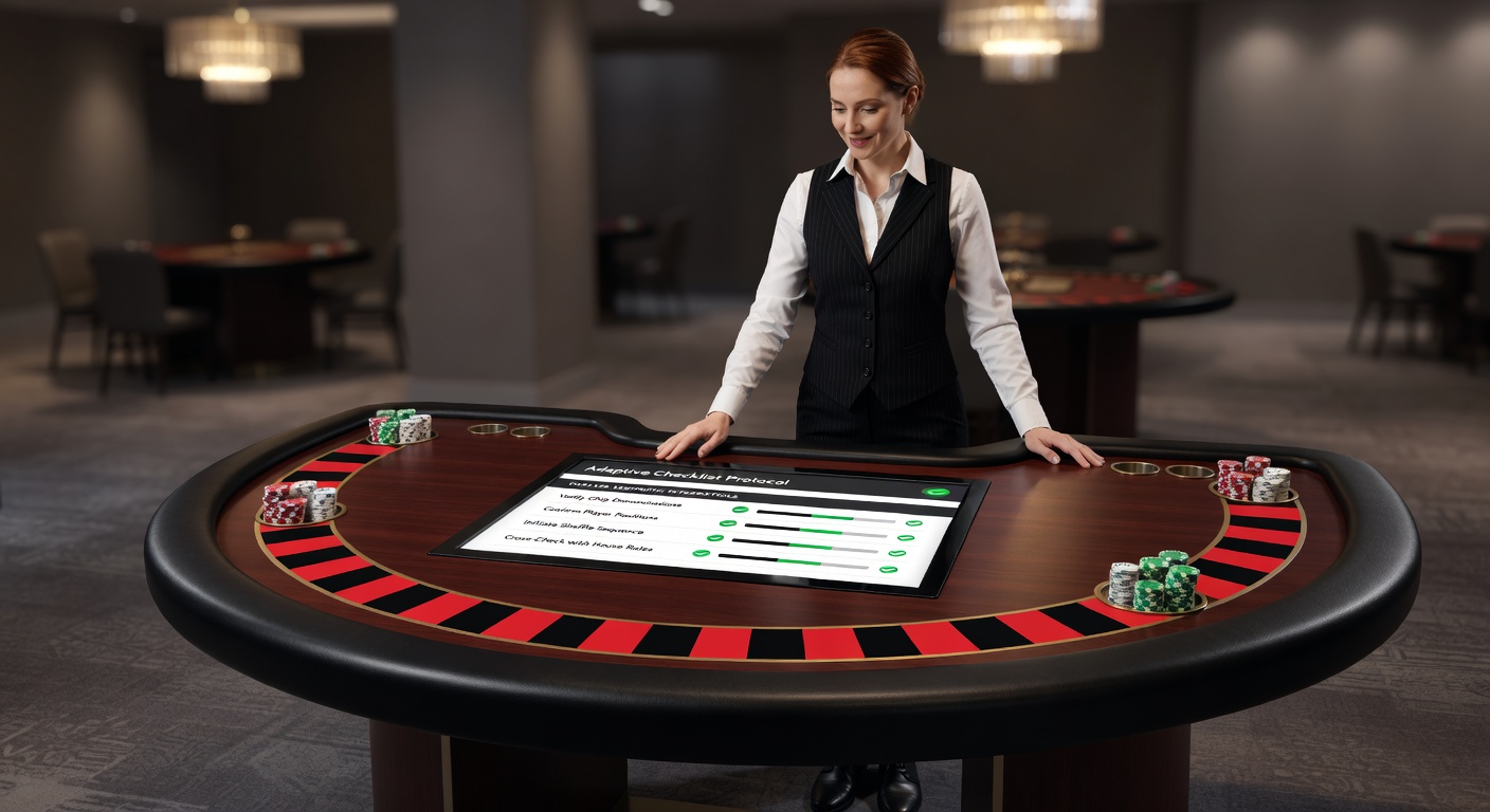 Dealer reviewing adaptive checklist at a blackjack table with vintage roulette-inspired decor during a private rental