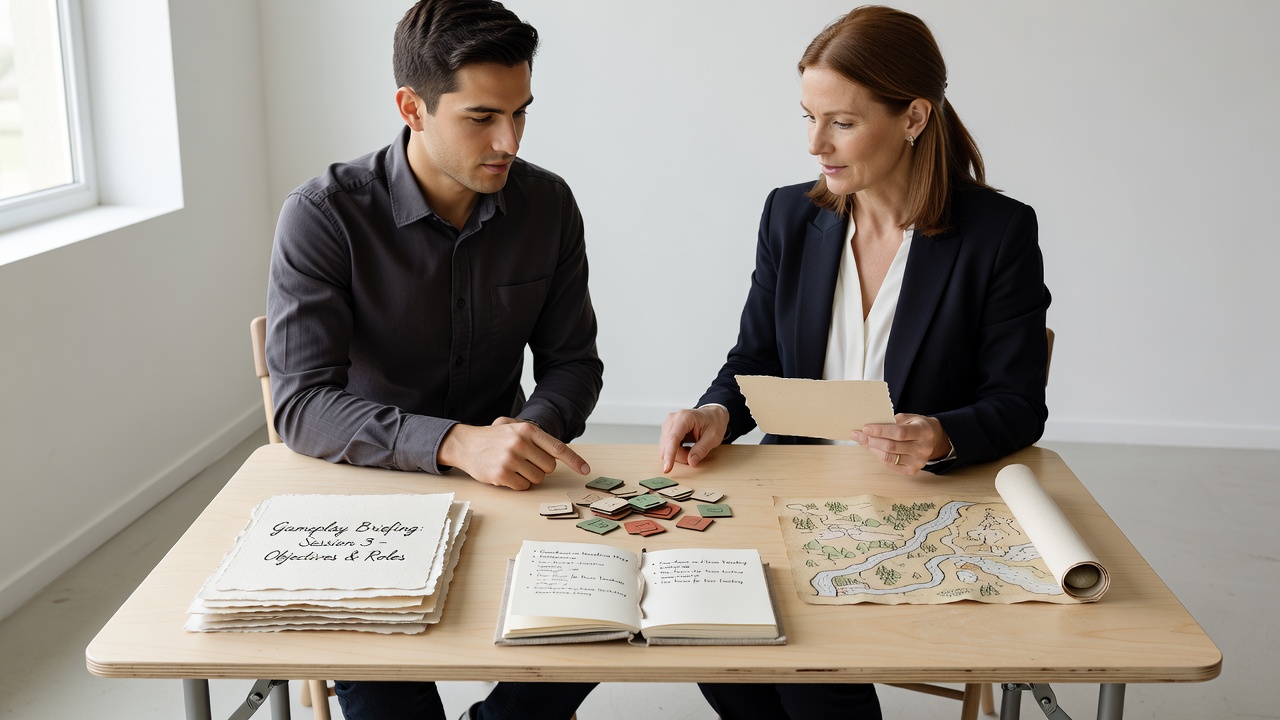 Close-up of color-coded handmade briefing cards placed beside dealer accessories at a small rental table