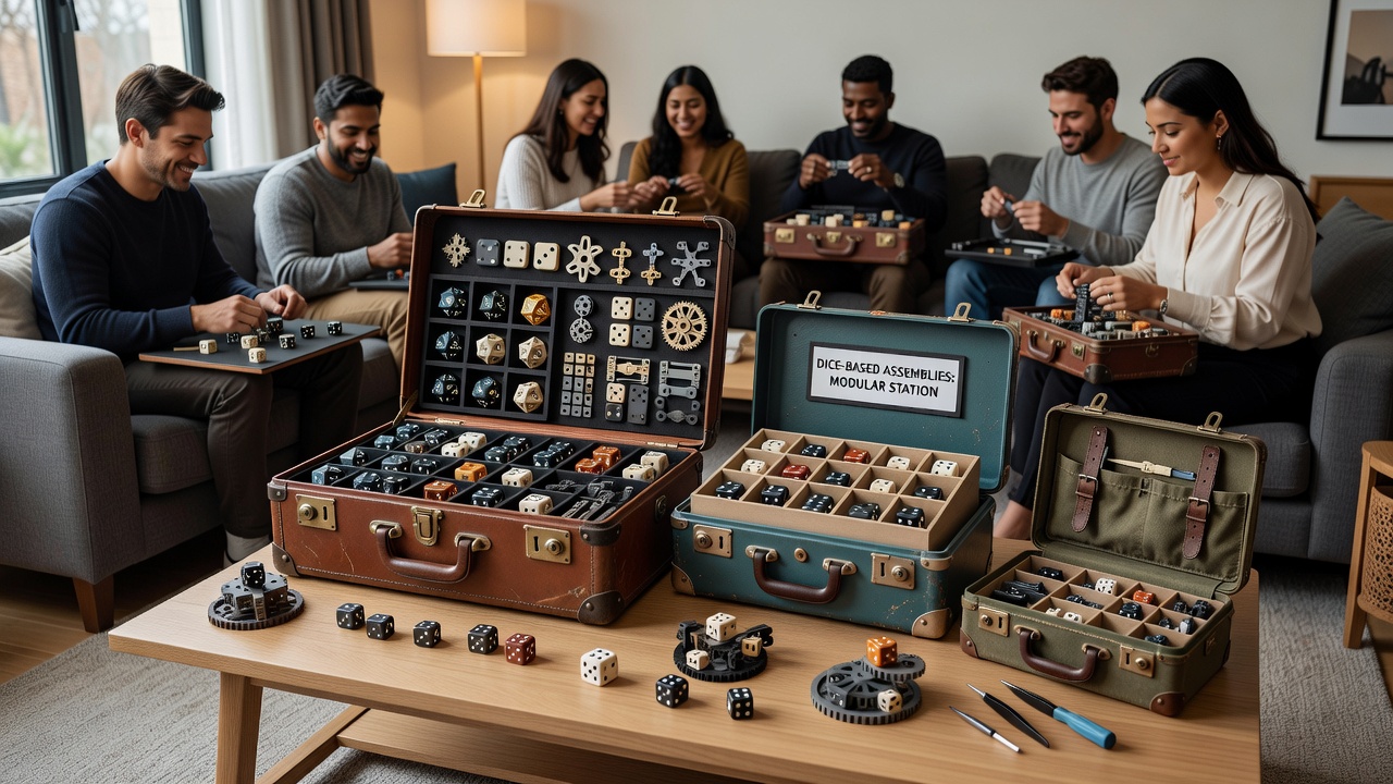 Multiple modular suitcase stations arranged for group dice games at a home gathering with accessories visible