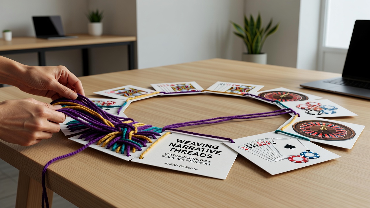 Narrative-themed invitation samples showing blackjack rule integration for upcoming rental events